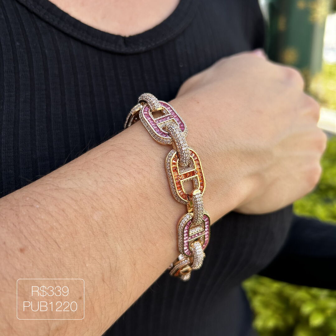 Pulseira Inspiração Louis Vuitton Elo Cadeado Cravejado Rainbow Dourado